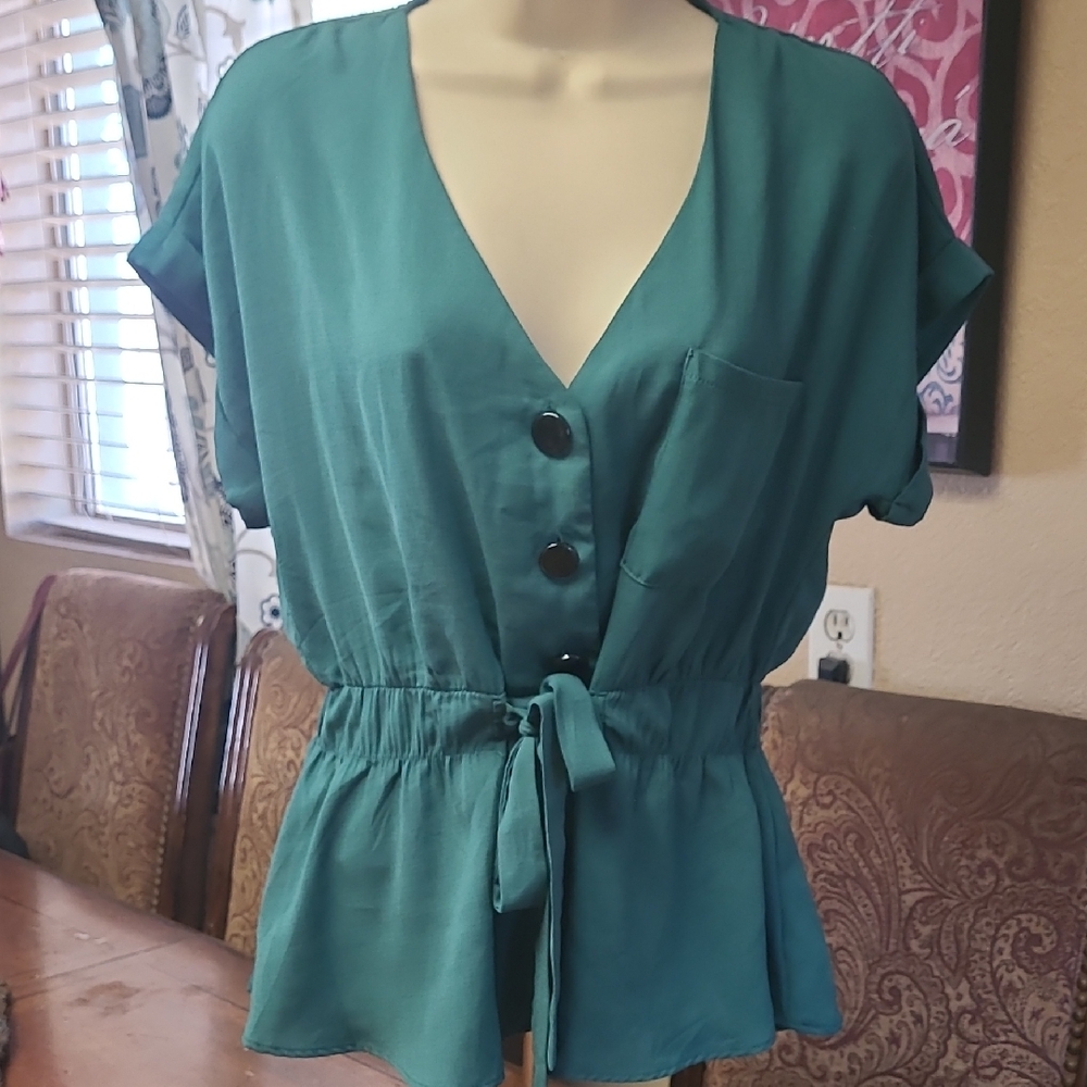 Teal Button-Down Women Top Sweet Rain Size M